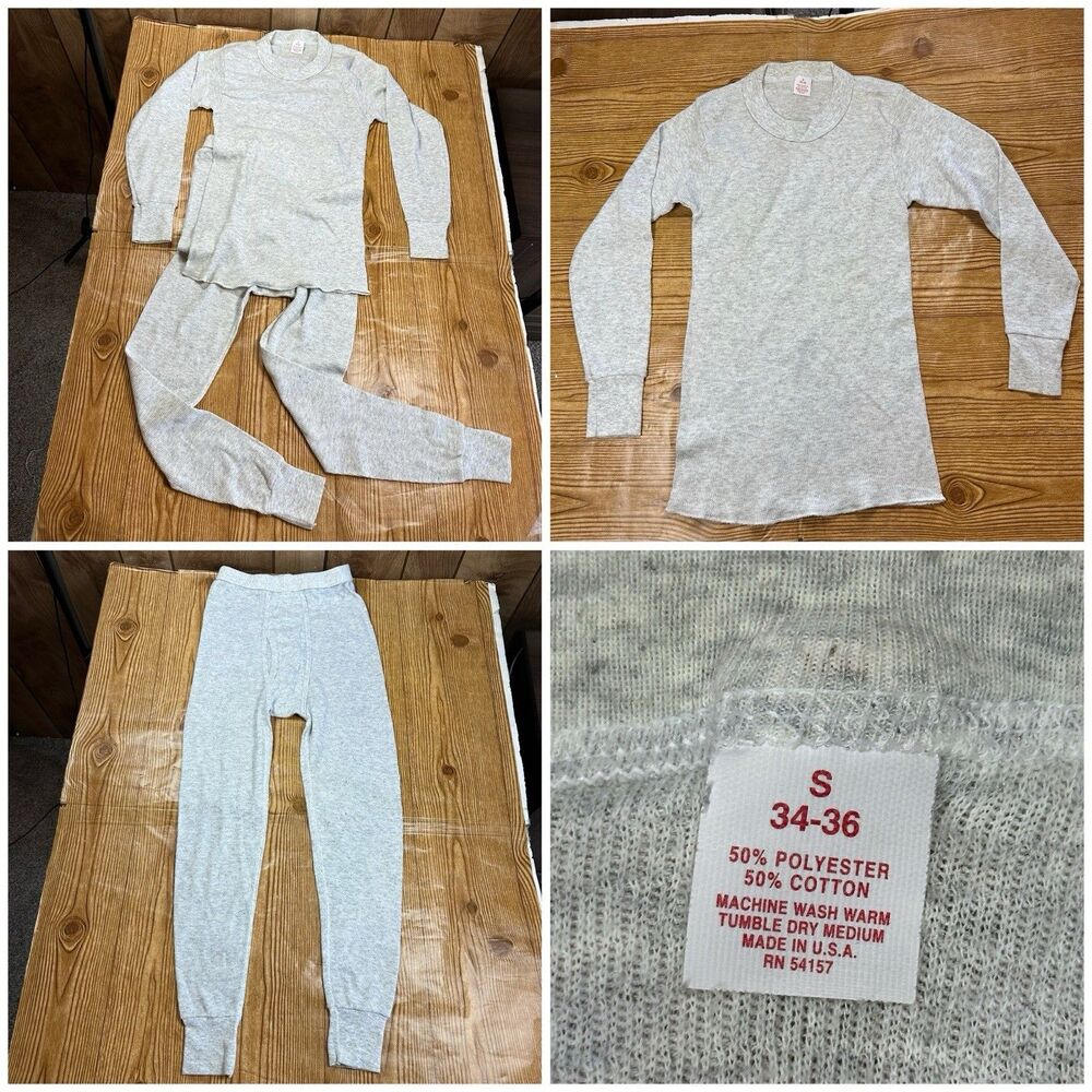 Vintage Thermal Set USA Made Gray Waffle Knit Long Sleeve Pant Small 34-36